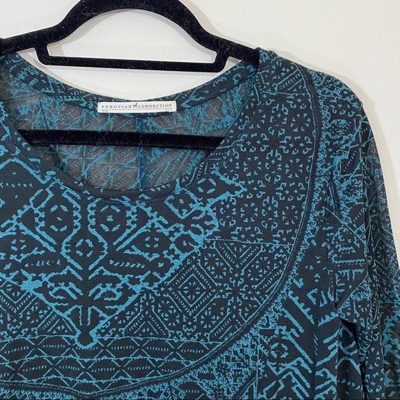 Peruvian Connection Balinese Burnout Long Sleeve Semi Sheer Print Blue XS / S - Picture 4 of 7